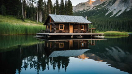 Obraz premium Serene lakeside cabin with a wooden dock and reflections in the water