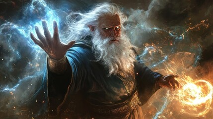 An old wizard with long white hair and beard, casting magic spells with both hands. He is wearing a long blue robe with golden trim. He is surrounded by swirling energy in blue and orange.
