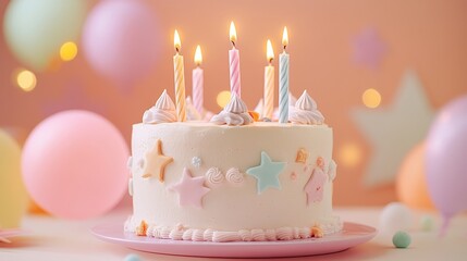 Enchanting Birthday Cake Celebration with Dreamy Decor on Peach Background at Twilight Hour