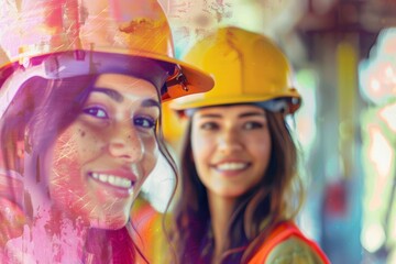 Cheerful women in construction helmets smiling together under bright lighting in a minimalist composition