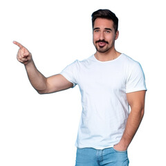 Fototapeta premium Man in white T-shirt and blue jeans pointing to the side.
