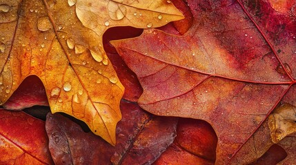 Close-up of vibrant autumn leaves with detailed veins and color transitions in rich red, orange, and golden tones. Dew drops and light reflections add a delicate touch,