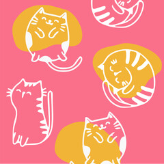 Seamless pattern with cute colorful Cats. Funny pet charactes Hand drawn vector illustration. Good for fabric, textile