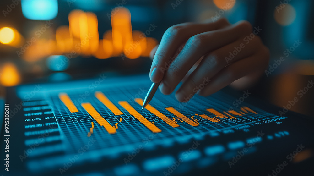 Aufkleber a person is pointing at a graph on a computer screen. the graph shows a downward trend in numbers, w