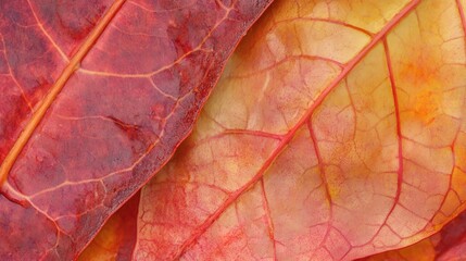 Obraz premium Close-up of vibrant autumn leaves with detailed veins and color transitions in rich red, orange, and golden tones. Dew drops and light reflections add a delicate touch,