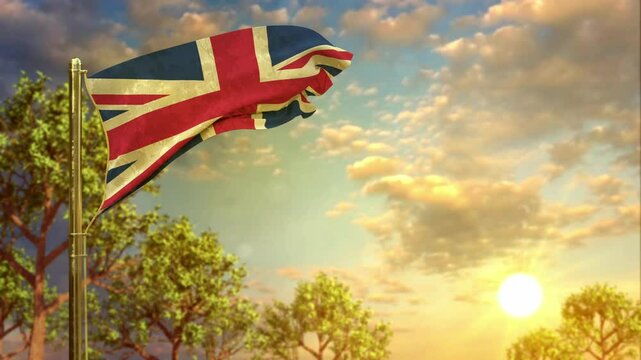 waving flag of United Kingdom (UK) at sunset for any holiday