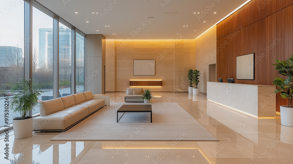 Poster a large open room with a white carpet and a couch. the room has a modern design with a large window 