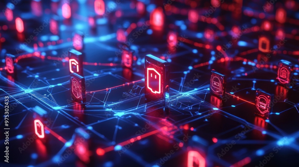 Poster abstract red and blue neon glowing cubes connected by a web of lines on a black background.