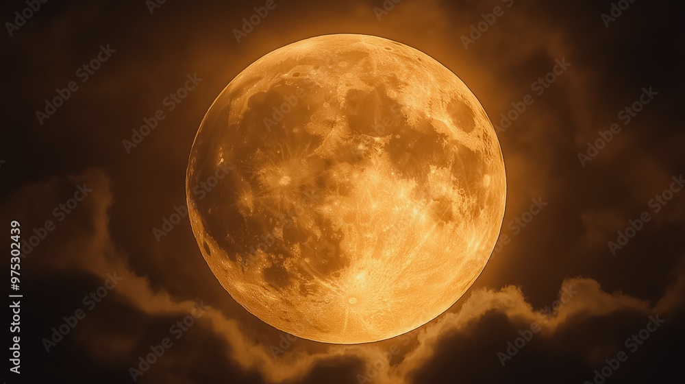 Poster a large orange moon is in the sky with a cloudy background. the moon is the main focus of the image,