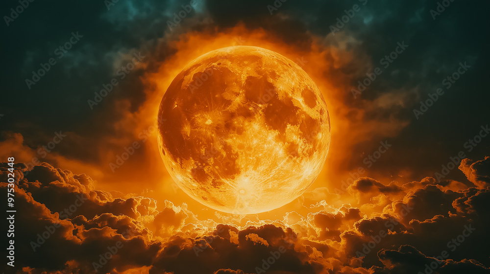 Aufkleber a large orange moon is in the sky above a cloudy backdrop. the moon is surrounded by a hazy orange g