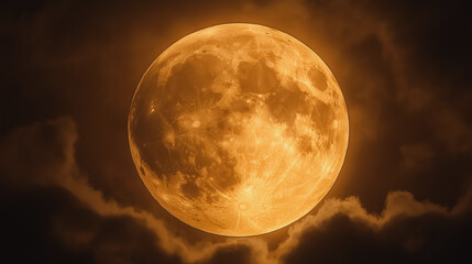 A large orange moon is in the sky with a cloudy background. The moon is the main focus of the image, and it is glowing brightly against the dark sky. The cloudy background adds a sense of depth