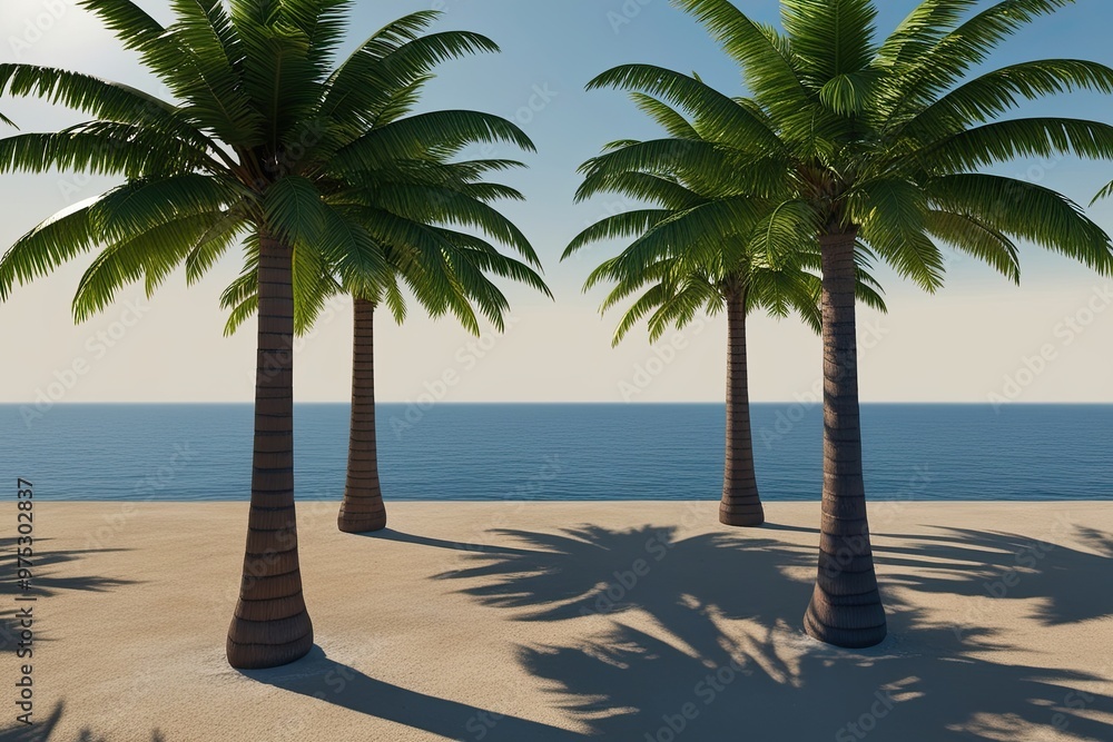 Poster high resolution 3d renderings of palm and coconut trees with realistic ground shadows for coastal an