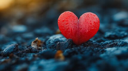Obraz premium A heart is sitting on a rocky surface. The heart is red and he is wet. Concept of love and tenderness