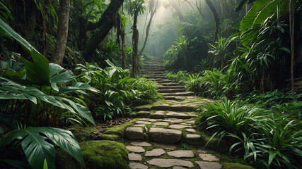 Ancient stone pathway leading through a dense tropical jungle