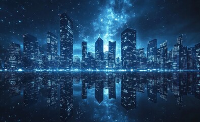 Fototapeta premium Nighttime Cityscape with Reflections and a Starry Sky