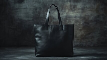 Black leather tote bag on a dark grunge background.