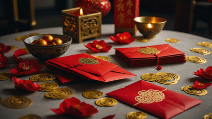 Chinese New Year red envelopes scattered across a festive table