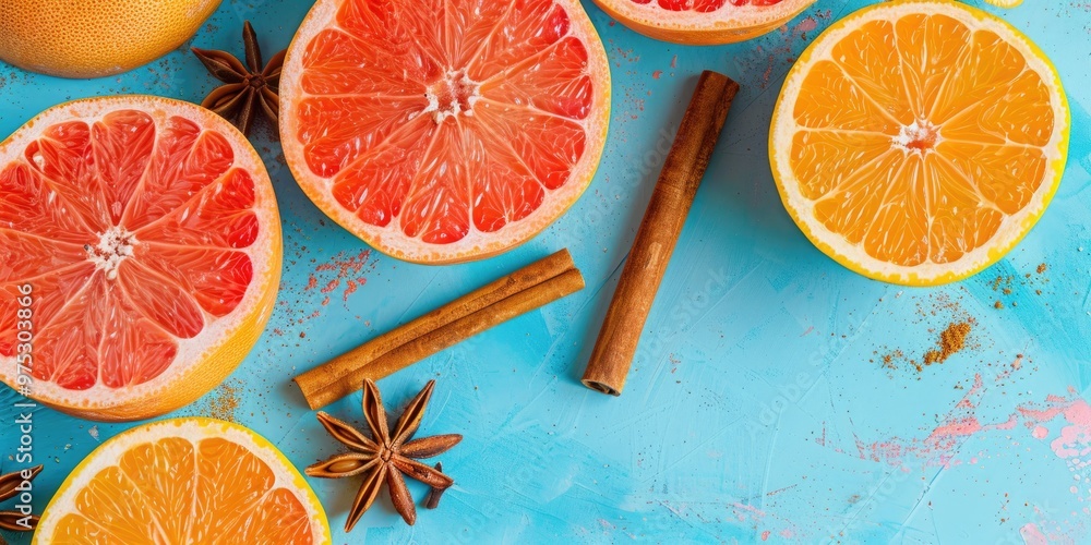 Poster overhead shot of vibrant and delicious grapefruits sprinkled with cinnamon on a light blue surface, 