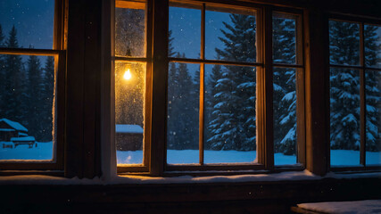 Christmas Eve night with snow falling outside a cozy cabin window