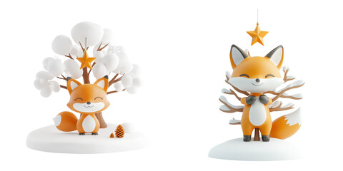 Charming fox figurines featuring playful designs with a tree and fun elements. Perfect for decoration and gifting.
