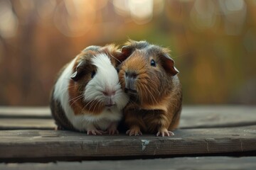 Fototapeta premium Two adorable guinea pigs sitting closely together on a wooden surface with soft background lighting in a cozy setting