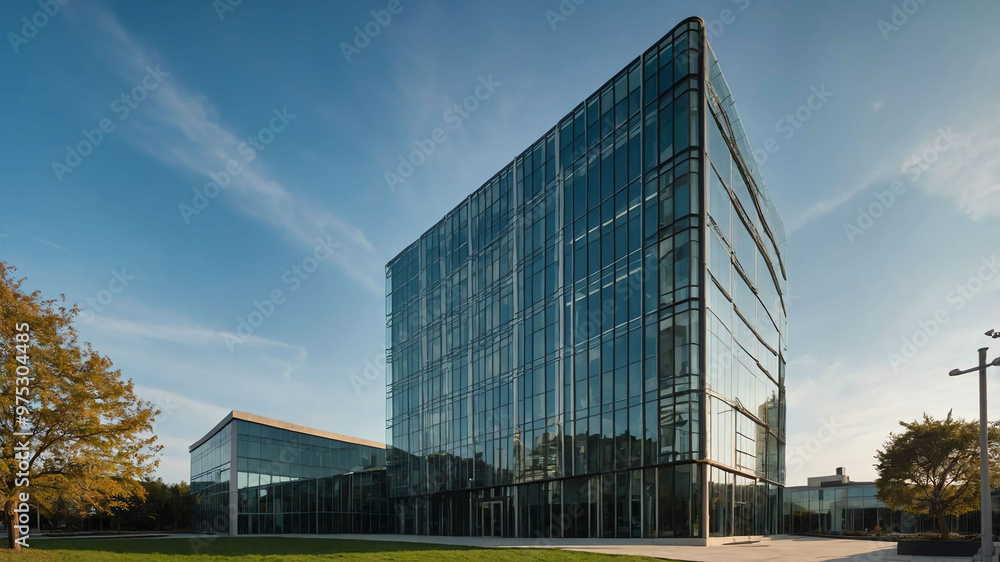 Poster contemporary office building with large glass windows and a polished facade