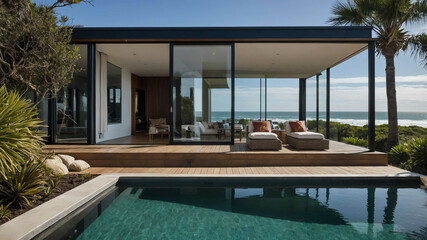 Fototapeta premium Coastal retreat with an open plan design and floor to ceiling windows
