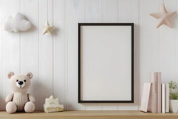 A black frame with a white background and a stuffed teddy bear on a shelf