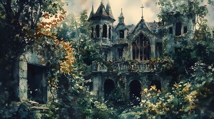 Obraz premium A haunting watercolor depiction of a dilapidated mansion with shattered windows and a neglected garden overtaken by wild, overgrown plants. The mansion’s weathered, gothic architecture and the 