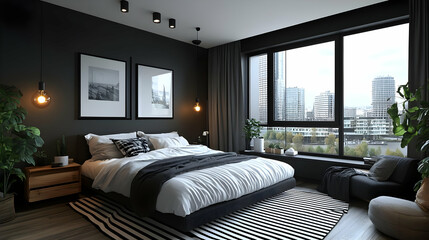 Modern bedroom with black walls, white bedding, a large window with a city view, and a black and white rug.