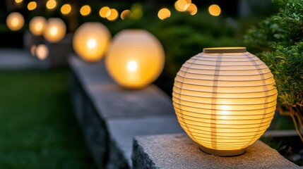Obraz premium Warm glow of paper lanterns illuminating a serene garden pathway, creating a peaceful and enchanting evening atmosphere.