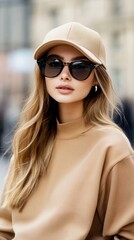 Fototapeta premium Stylish young woman in a beige outfit with sunglasses and a cap, exuding confidence and modern fashion in an urban setting.