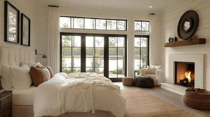Modern bedroom with fireplace, large windows, and a view of a lake.