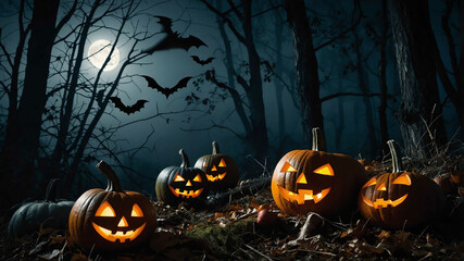 Halloween spooky forest with pumpkins bats and full moon