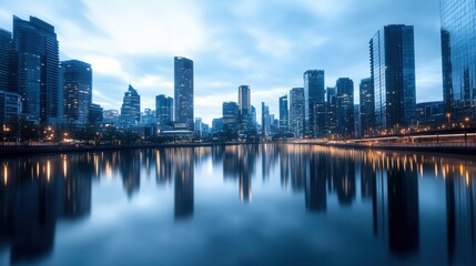 Fototapeta premium Serene cityscape reflecting on calm water, showcasing modern architecture under a twilight sky, perfect for urban-themed projects.