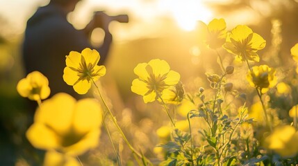 Spring Adonis yellow flowers and the photographer shadow as he photographs it outdoor