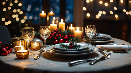 Fototapeta premium Holiday dinner table set with sparkling decorations and festive lights