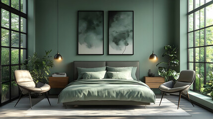Modern bedroom with green walls, large windows, and two armchairs.