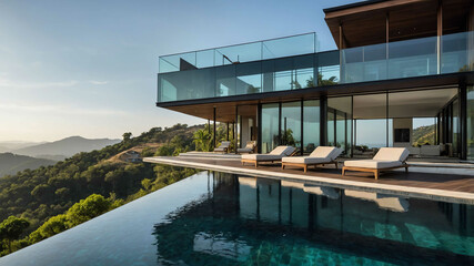 Fototapeta premium Luxury hillside villa with a sleek glass facade and infinity pool