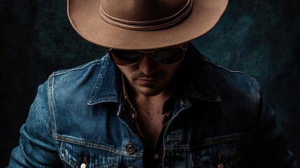 Close-up portrait of a man wearing a brown hat and sunglasses, looking down.