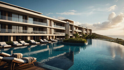 Fototapeta premium Luxury resort building with large balconies and modern finishes