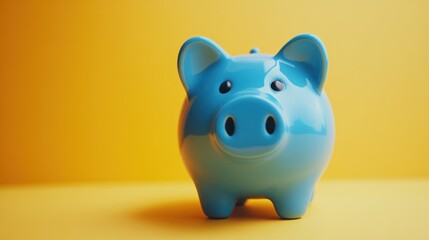 Blue Piggy Bank on Yellow Background.