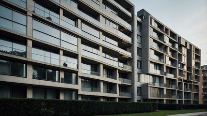 Minimalist apartment building with clean lines and large windows