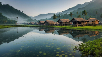 Obraz premium Misty hills dotted with traditional stilt houses on wooden platforms