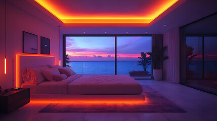 Modern bedroom with large window overlooking ocean with sunset, decorated with red mood lighting.