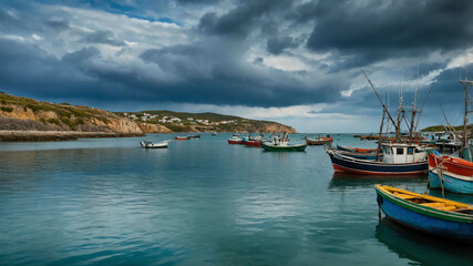 Fototapeta premium Quiet harbor with fishing boats anchored under a cloudy sky