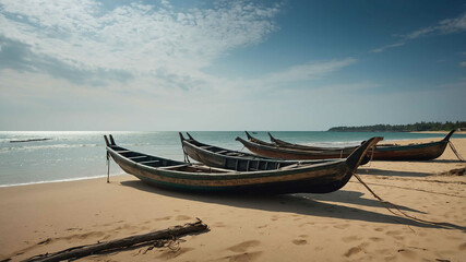 Serene beach with traditional wooden fishing boats in the distance