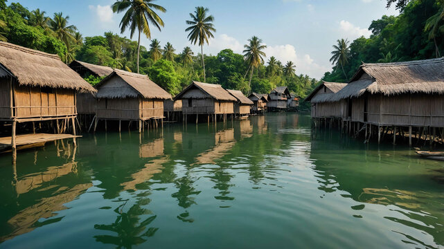 Serene river with traditional stilt houses along the shore