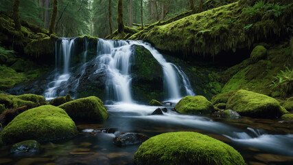 Serene waterfall cascading down moss covered rocks in a forest