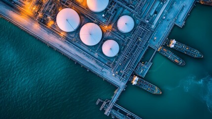 An aerial view of an oil refinery with large storage tanks and two tankers at the dock.